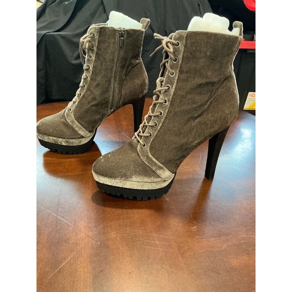 ALDO Aliria Velvet Boots Sz 11 Brown Lace Up Platform Stiletto Lug Sole Side Zip - Picture 6 of 10